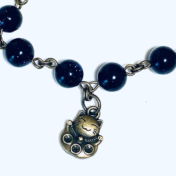 Dark Blue Goldstone Bronze Link Adjustable Short Necklace w/ Fortune Cat Charm - Picture 4 of 15